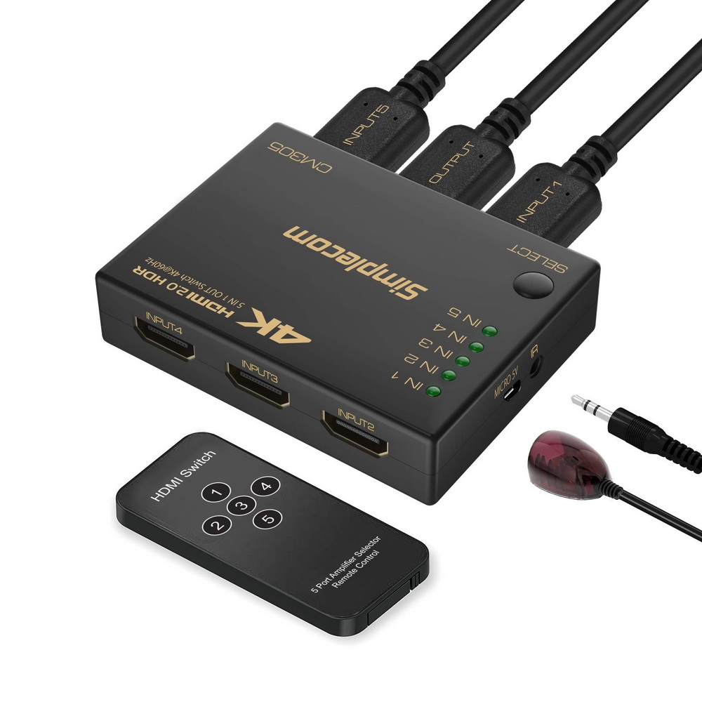 V28-CM305-01_12 Simplecom CM305 Ultra HD 5 Way HDMI Switch 5 IN 1 OUT Splitter 4K@60Hz - Image 1