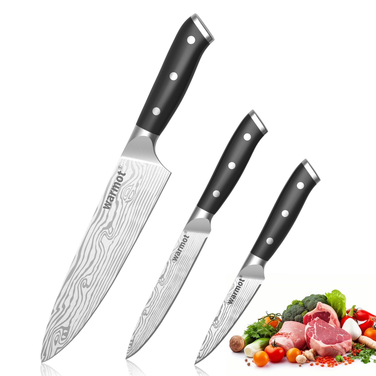 V28-ELEWMT997-3-197908-00 Warmot 3-Piece High Carbon Stainless Steel Cooking Knife Triple Riveted Handle with Gift Box(997-3) - Image 1