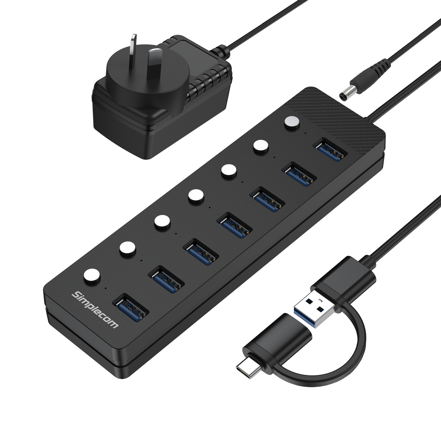 V28-SIMCH375C-190511-00 Simplecom CH375C USB-A and USB-C to 7-Port USB 3.0 Hub 5Gbps Individual Switches and Power Adapter - Image 1