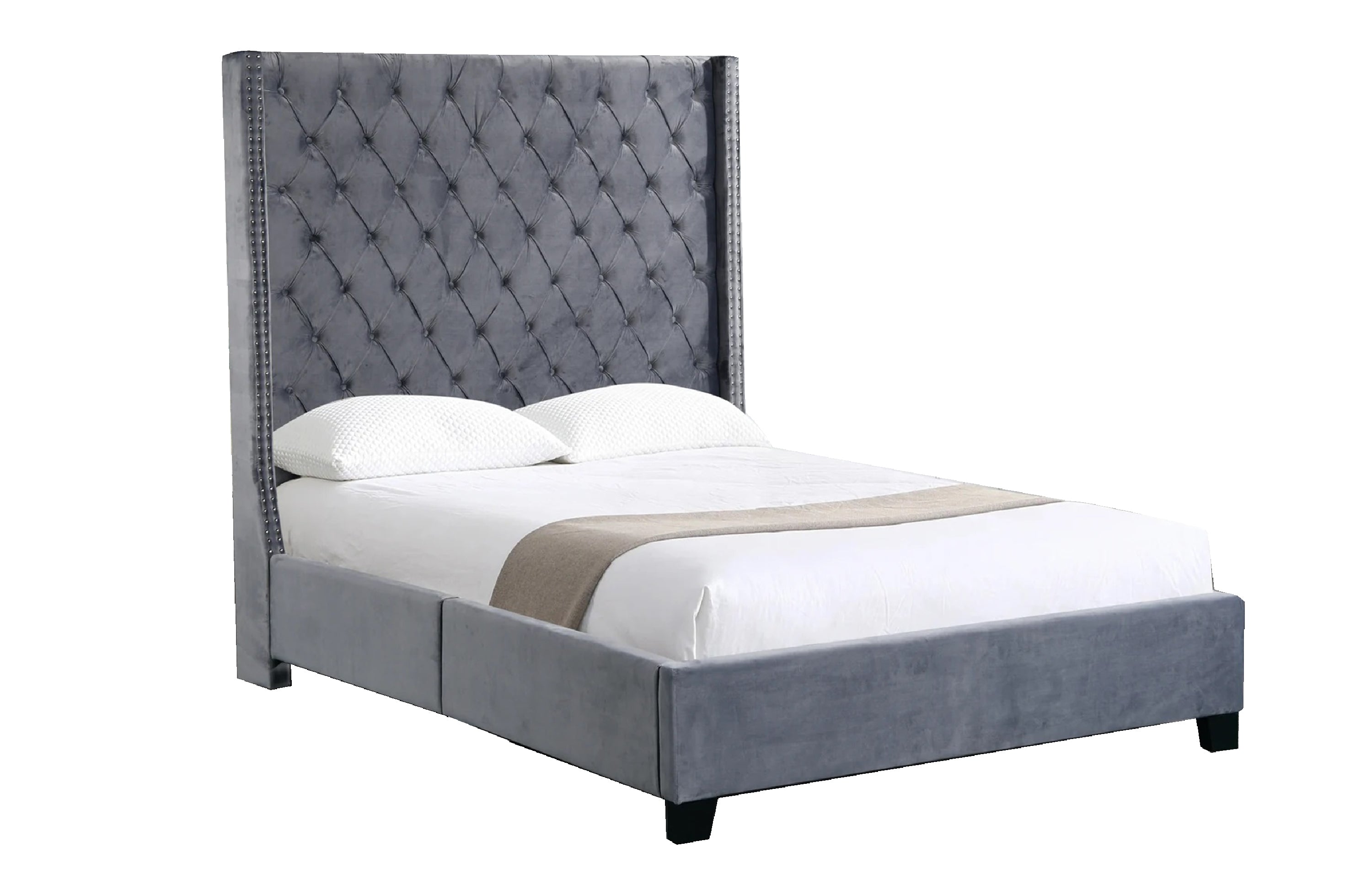 V292-BED-ELLA-GREY-QUEEN-91501-00 Ella Grey Velvet Winged Bed 180cm - Queen - Image 1
