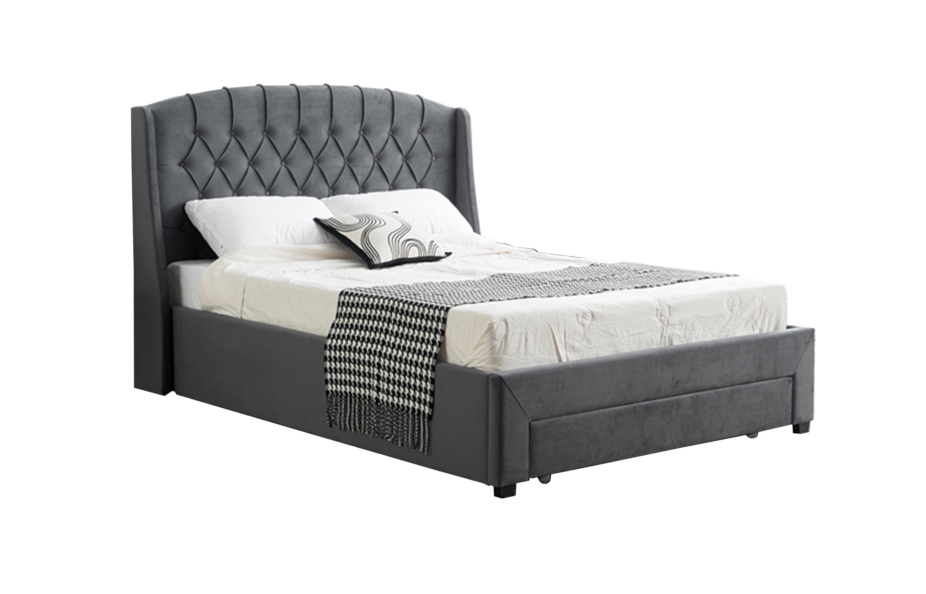 V292-BED-PARIS-QUEEN-GREY-202509081258-00 Paris Tall Tufted Velvet Dark Grey Bed with Storage Drawer - Queen - Image 1