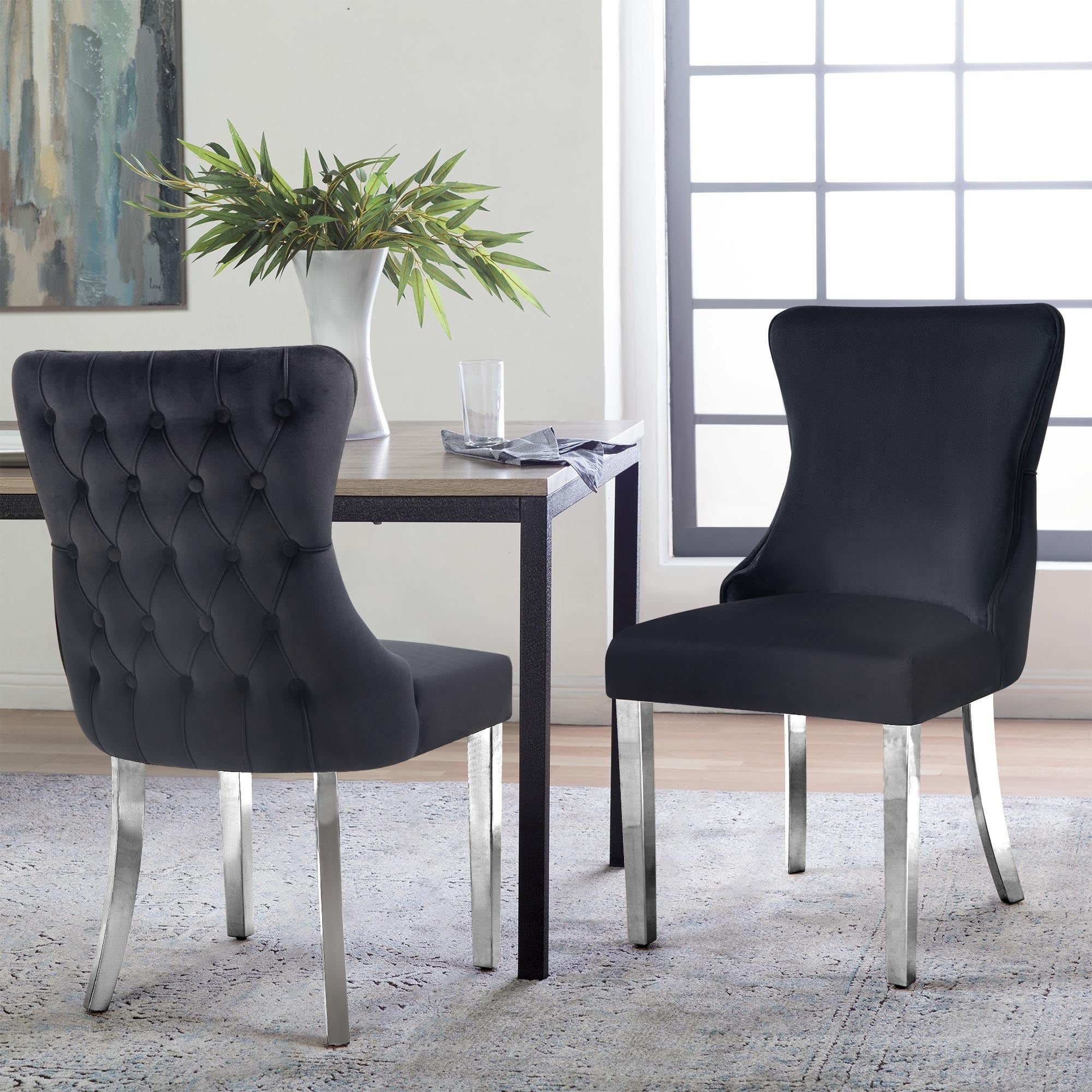 V292-DC-PARIS-BLACK-SILVER-144700-00 Paris Black Velvet & Silver Polished Steel Upholstered Dining Chairs Tufted Back - Set of 2 - Image 1