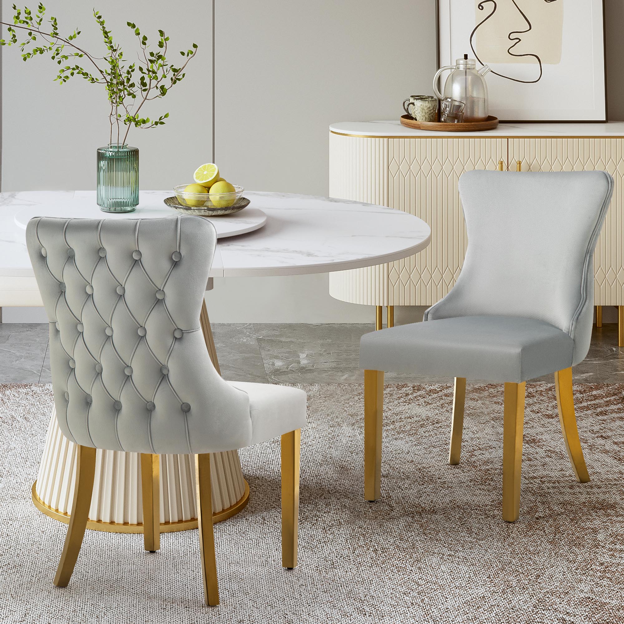V292-DC-PARIS-LGREY-GOLD-144697-00 Set of 2 - Paris Light Grey Velvet & Gold Polished Steel Upholstered Dining Chairs Tufted Back - Image 1