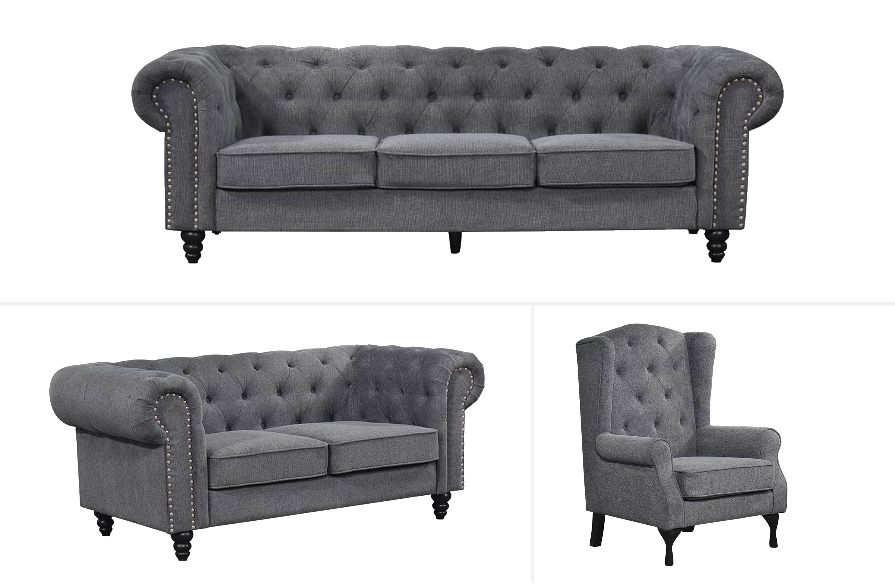 V292-L-CHE-DG-3-2-1-191914-00 Chesterfield Tufted Lounge Set - Charcoal Grey - Image 1