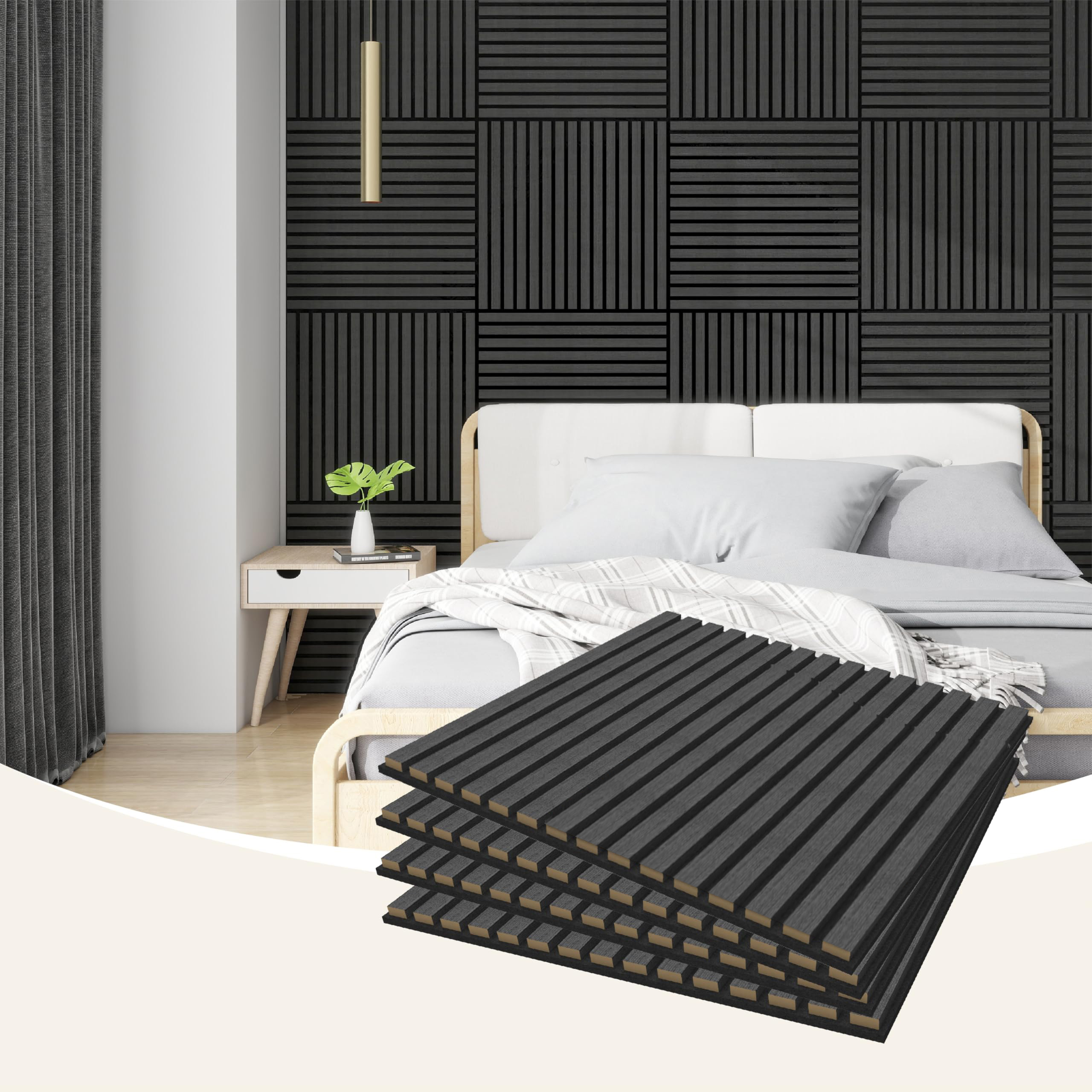 V324-4XWPANEL6060-BLACK-218417-00 4 Pcs 60cm x 60cm Wall Panel Wood Slat Acoustic Panels Sound Absorbing Proof Panel for Wall Ceiling Decorative Black - Image 1