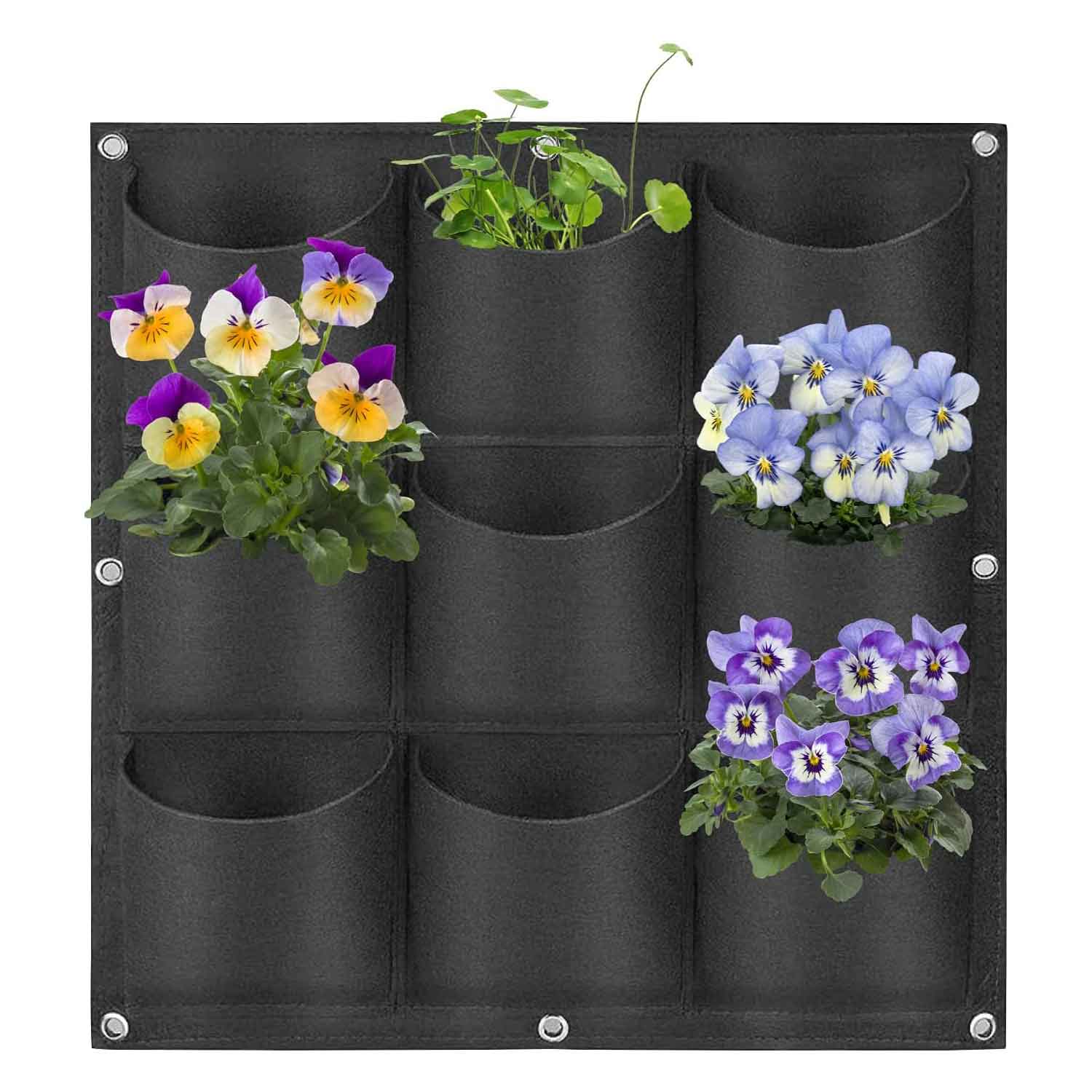 V324-CS-GD9POBK-9-Pockets-Grow-Bag-Black-1-00 9 Pockets Wall Hanging Planter Planting Grow Bag Vertical Garden Vegetable Flower Black - Image 1