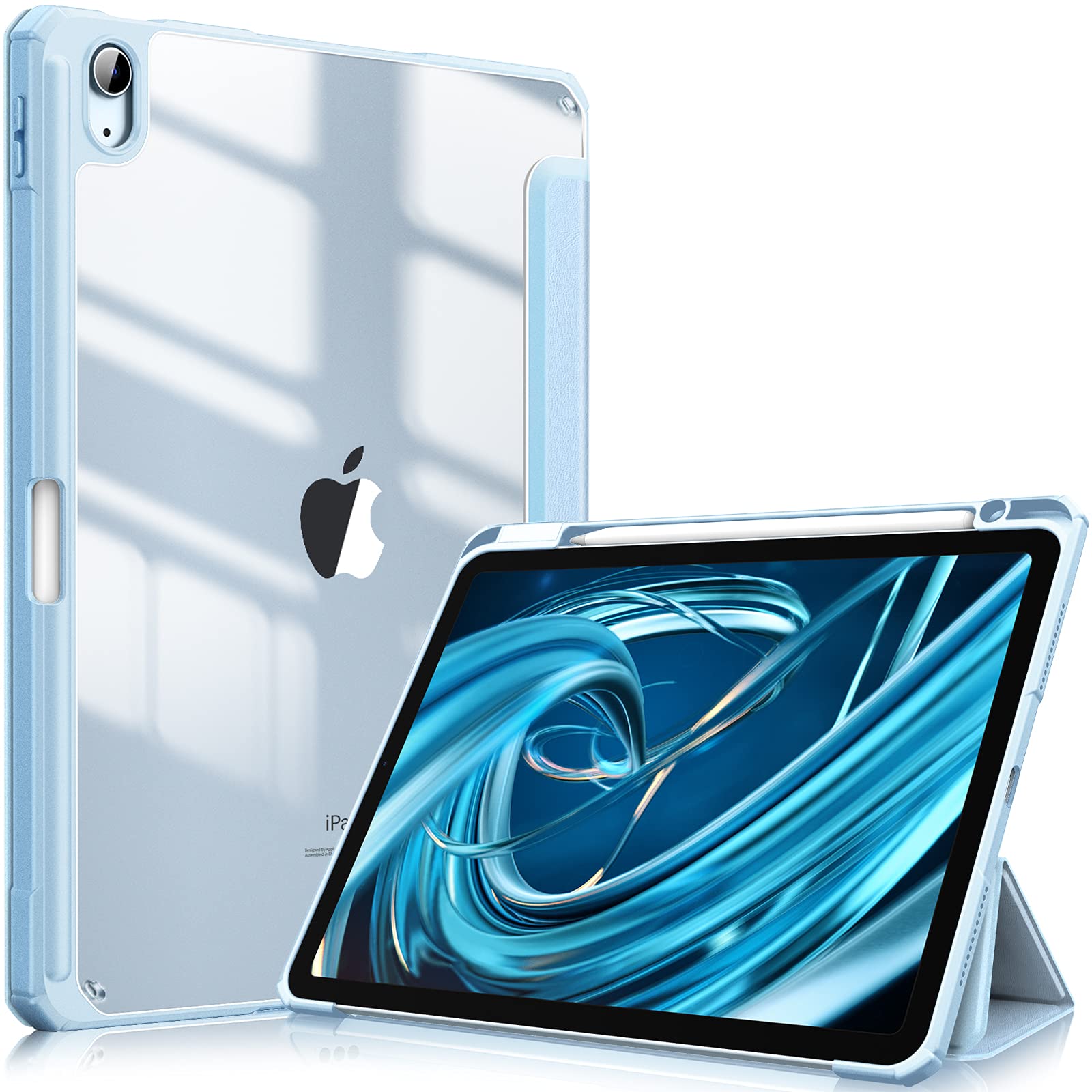 V324-IP109-TPUCLE-ICEBLUE-130970-00 iPad 10th Case 10.9 Inch 2022 with Pencil Holder, Smart iPad Clear Case with Soft TPU Auto Wake Sleep Sky Blue - Image 1