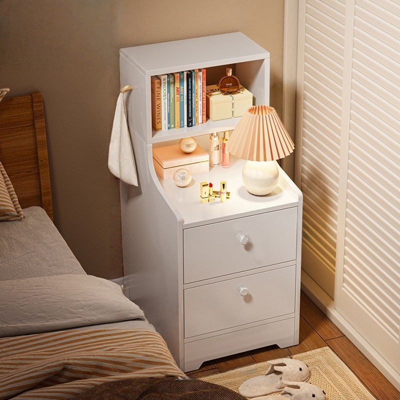 V360-ZC-FNBT0037-WT-86-47-202506191339-00 Minimalist Bedside Cabinet White Cosmetic Storage Dual Shelves Curved Design - Image 1