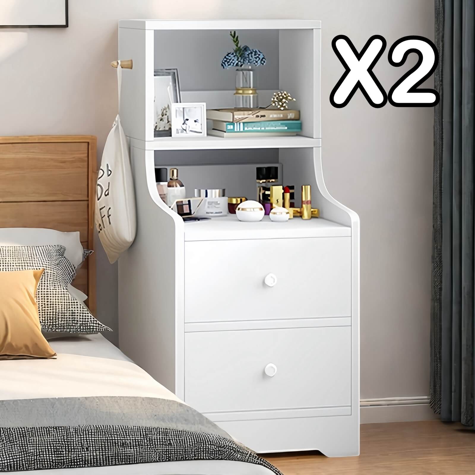 V360-ZC-FNBT0037-WT-86-47X2-202506191339-00 2x bedside table set with shelves and drawers modern white design - Image 1