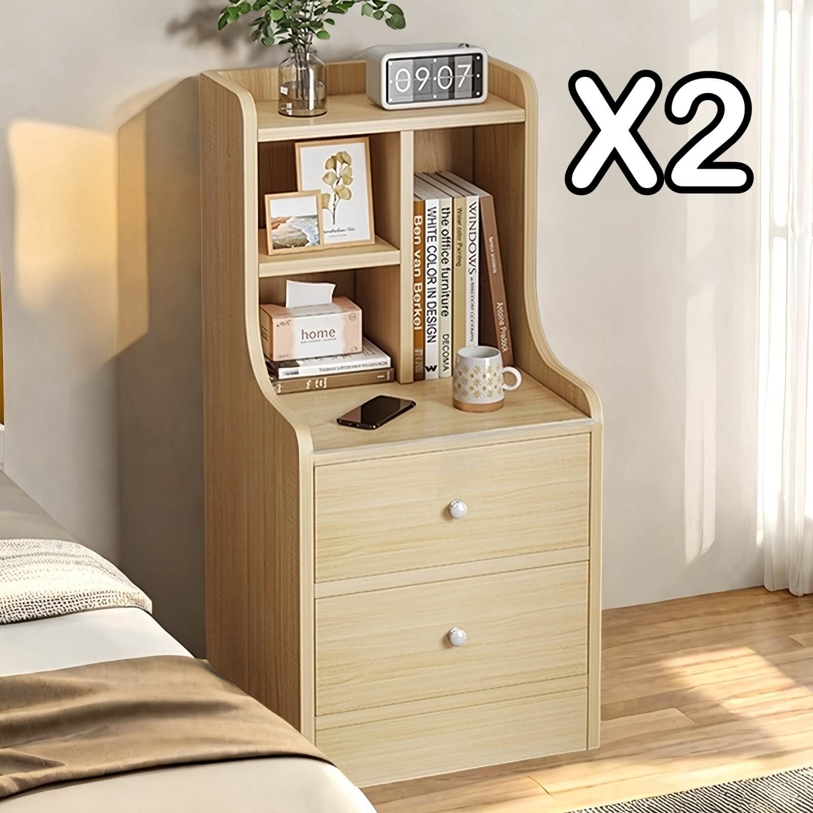 V360-ZC-FNBT0040-2D-BG-47X2-202506191340-00 2x bedside table set light wood grain drawers metal slides bedroom furniture - Image 1