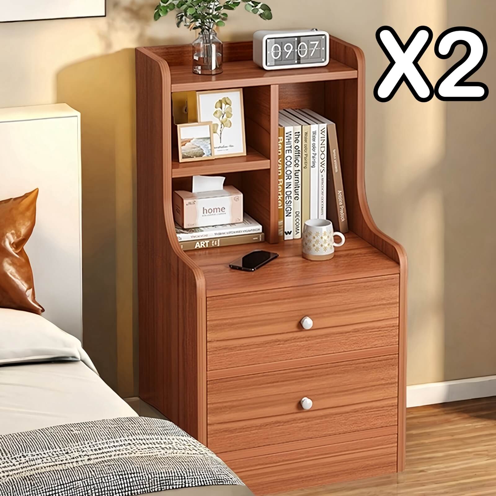 V360-ZC-FNBT0040-2D-BN-47X2-202506191341-00 2x bedside table set wooden vintage storage bedroom furniture nightstand - Image 1