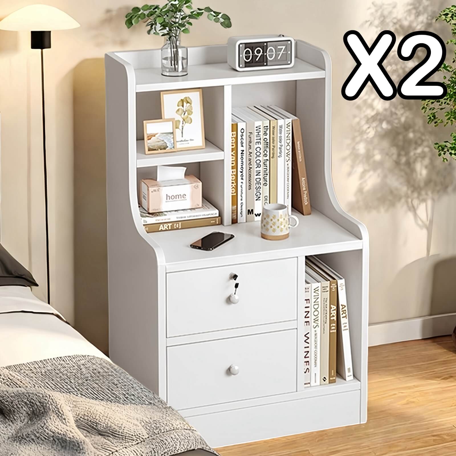 V360-ZC-FNBT0040-WT-2D-1S-47X2-202506191344-00 2x Bedside table set modern minimalist lockable drawer open storage unit - Image 1