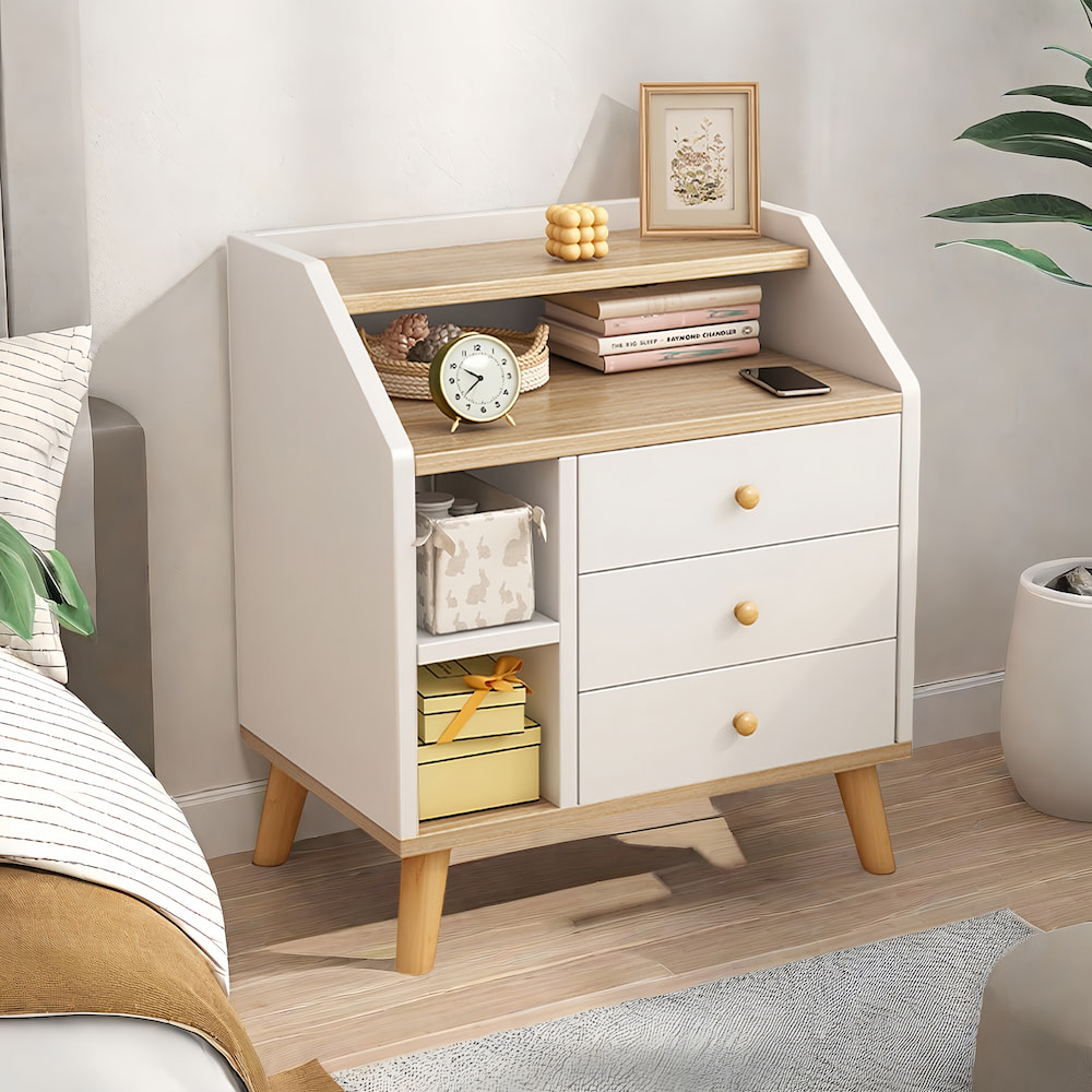 V360-ZC-FNBT0049-WTBG-3D-50-202506191410-00 Multi-Storage Nightstand White Wood Combo Three Drawers Open Shelves 3-Tier - Image 1