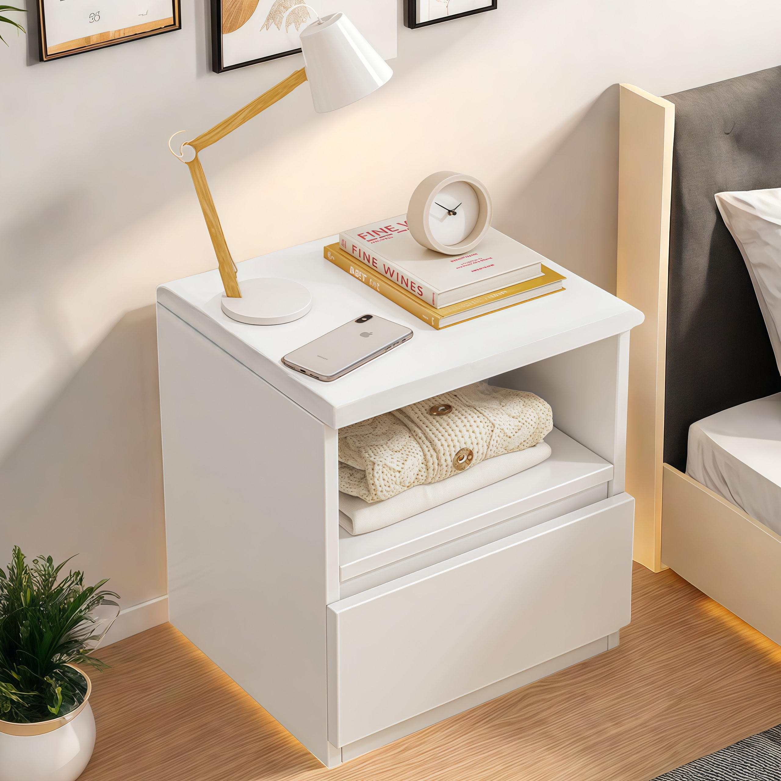 V360-ZC-FNBT0052-WT-1D-47-202506191352-00 Modern Nightstand Warm White Open Storage Finger Pull Drawer Compact 47cm - Image 1