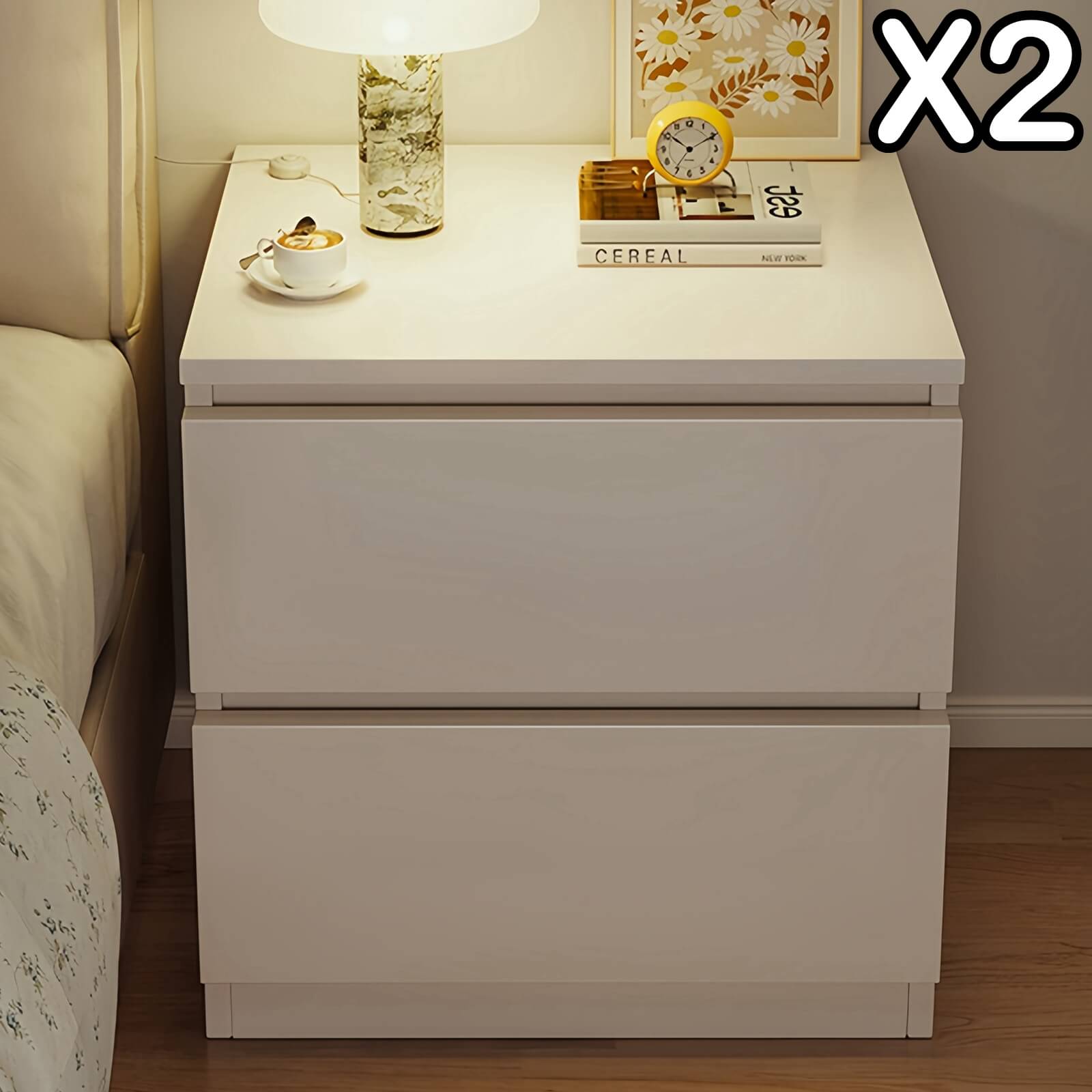 V360-ZC-FNBT0052-WT-2D-47X2-202506191353-00 2x Bedside table set with drawers, minimalist design, warm white finish - Image 1