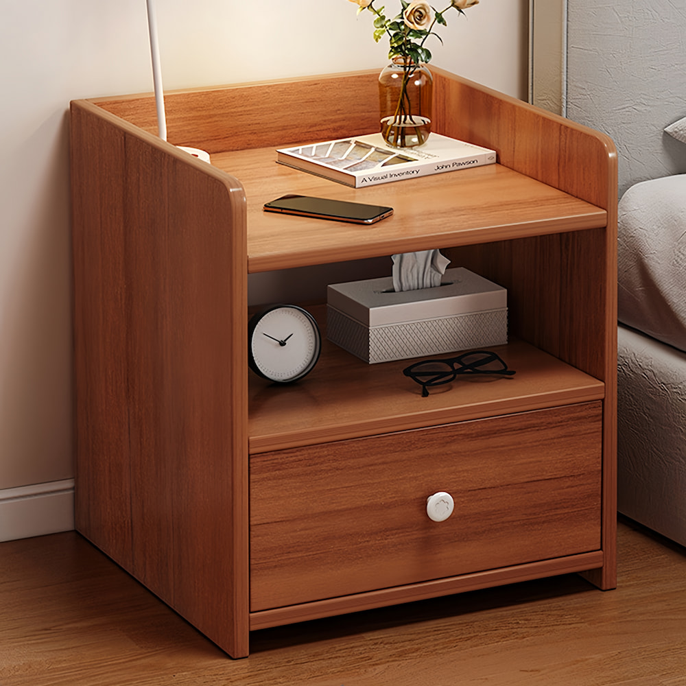 V360-ZC-FNBT0069-BN-1D-47-202506191402-00 Vintage Bedside Table Walnut Raised Tray Open Shelf Drawer White Knob 48cm - Image 1