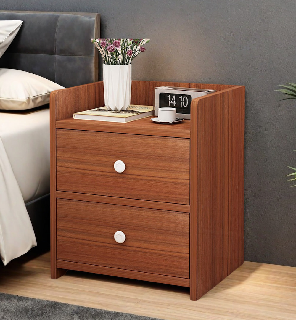 V360-ZC-FNBT0069-BN-2D-47-202506191412-00 Classic Nightstand Walnut Wood Grain Double Drawer Tray Top White Handles - Image 1