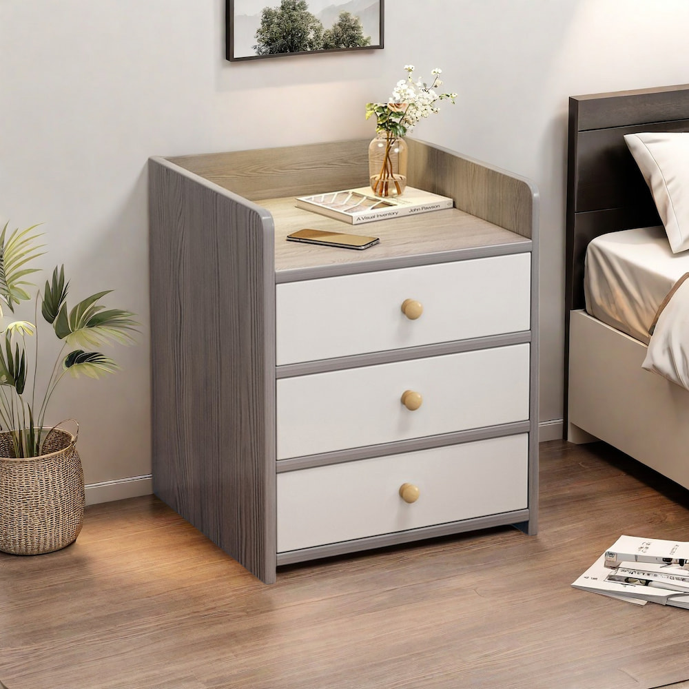 V360-ZC-FNBT0069-GYWT-3D-47-202506191414-00 Modern Nightstand Light Gray Wood Grain Three Drawers Safety Tray Top Wooden Knobs - Image 1