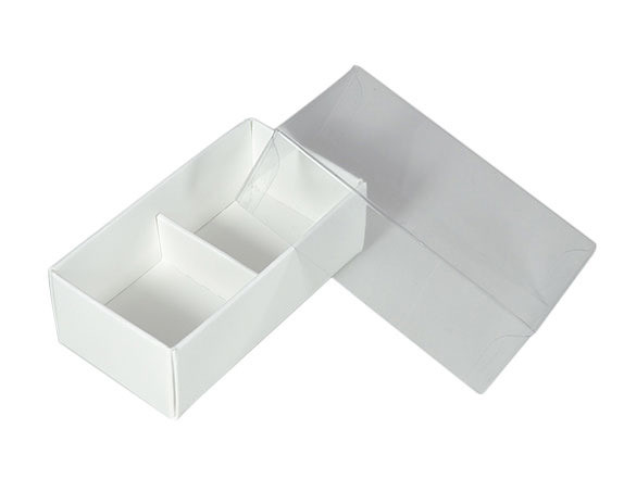 V382-100CHOC2BAY-144360-00 100 Pack of White Card Chocolate Sweet Soap Product Reatail Gift Box - 2 Bay Compartments - Clear Slide On Lid - 8x4x3cm - Image 1
