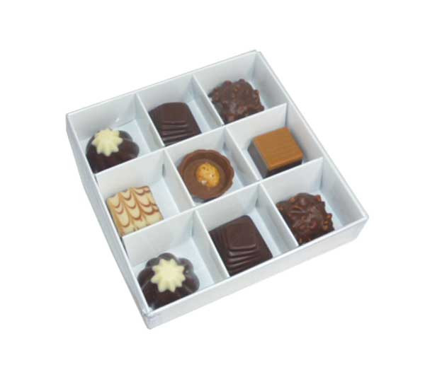 V382-100CHOC9BAY-144356-00 100 Pack of White Card Chocolate Sweet Soap Product Retail Gift Box - 9 bay 4x4x3cm Compartments - Clear Slide On Lid - 12x12x3cm - Image 1