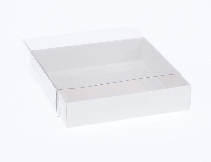 V382-100INVBOXWH15X15X4-144368-00 100 Pack of 15cm Square Invitation Coaster Favor Function product Presentation Cookie Biscuit Patisserie Gift Box - 4cm deep - White Card with Clear Slide On PVC Lid - Image 1