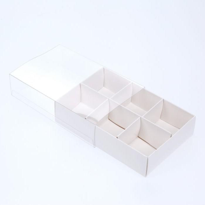 V382-10CHOC6BAY-67360-00 10 Pack of White Card Chocolate Sweet Soap Product Reatail Gift Box - 6 Bay Compartments - Clear Slide On Lid - 12x8x3cm - Image 1