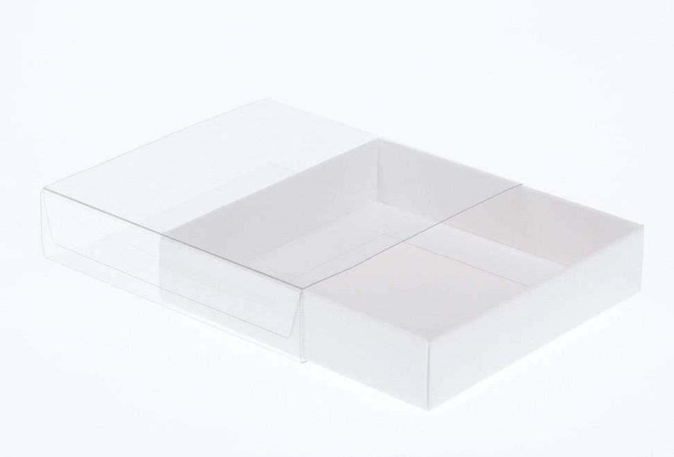 V382-10INVBOXWH10X10X4-67376-00 10 Pack of 10cm Square Invitation Coaster Favor Function product Presentation Cookie Biscuit Patisserie Gift Box - 4cm deep - White Card with Clear Slide On PVC Lid - Image 1