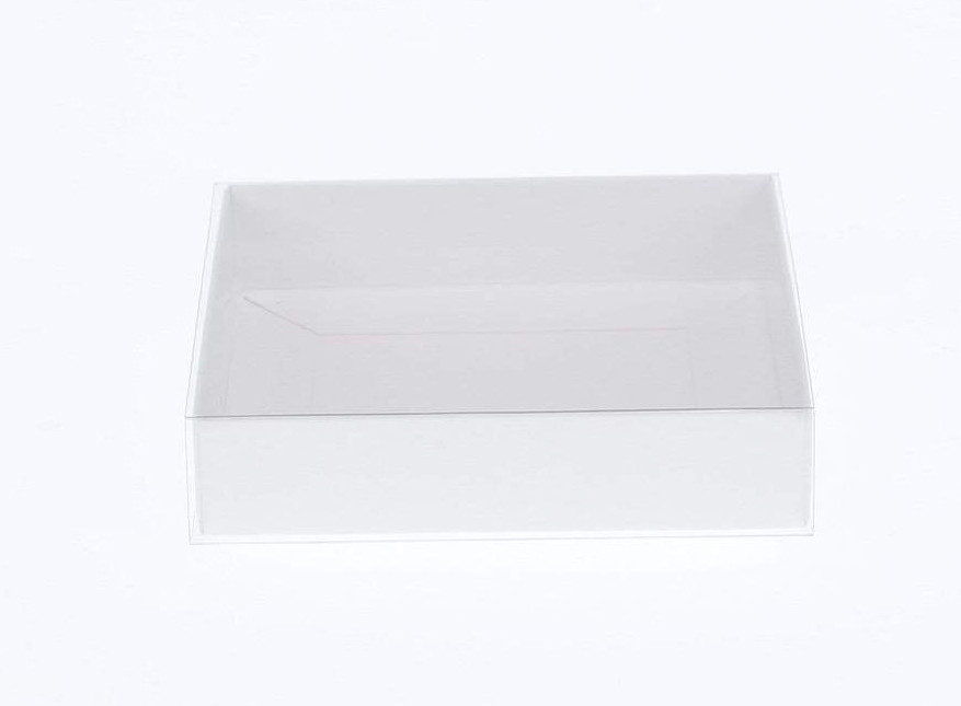 V382-10INVBOXWH8X8X2-67378-00 10 Pack of 8cm Square Wedding Invitation Coaster Favor Function product Presentation Cookie Biscuit Patisserie Gift Box - 2cm deep - White Card with Clear Slide On PVC Lid - Image 1
