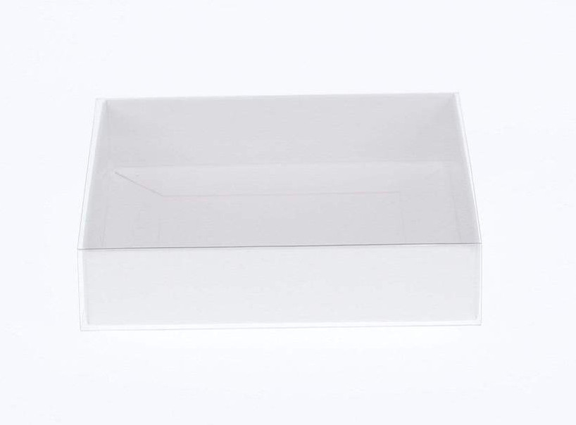 V382-50WHITEHAMP30X20X8-144393-00 50 Pack of White Card Box - Clear Slide On Lid - 30 x 20 x 8cm - Large Beauty Product Gift Giving Hamper Tray Merch Fashion Cake Sweets Xmas - Image 1