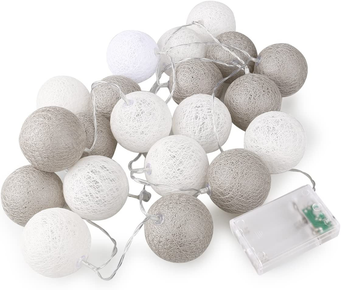 V382-GREYWHITEBALLBATT20-68321-00 1 Set of 20 LED Grey White 5cm Cotton Ball Battery Powered String Lights Gift Home Wedding Party Bedroom Decoration Outdoor Indoor Table Centrepiece - Image 1