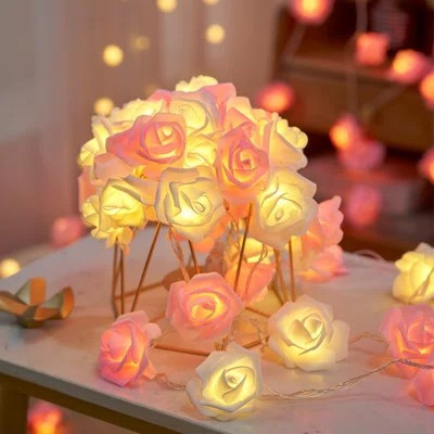 V382-PINKWHITEROSEBATT50-202504291105-00 50 Pink n White Rose 3D Fairy Lights 5M LONG String, Battery (AA) Indoor & Outdoor Decorations Wedding Valentines Romantic Room Table Lighting - Image 1