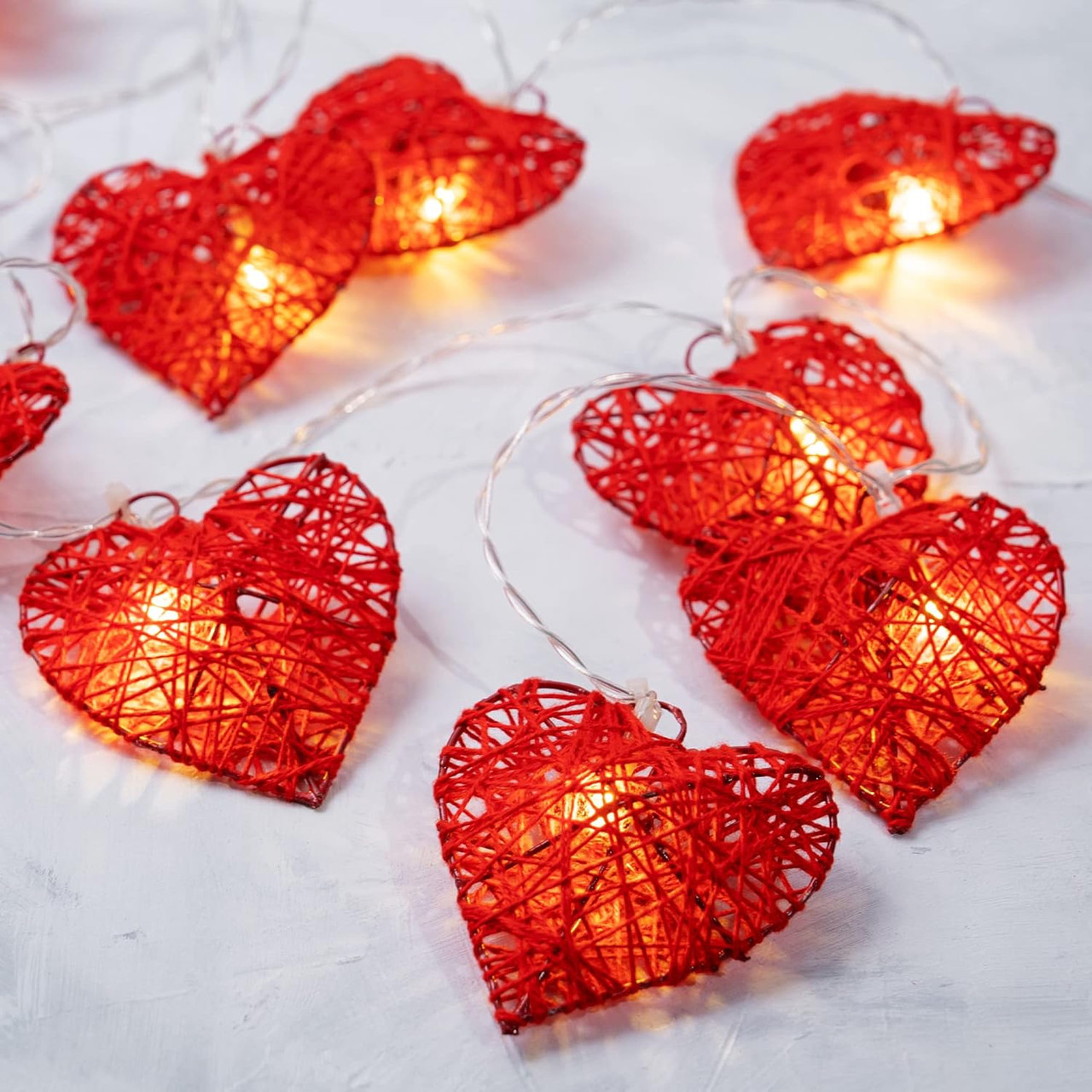 V382-REDHRTRATTBATT20-202504291106-00 20 Red 3D Hollowed Rattan Heart-Shaped 3M String Fairy Lights, Battery (AA) Indoor & Outdoor Decorations Wedding Valentines Romantic Room Table Lighting - Image 1