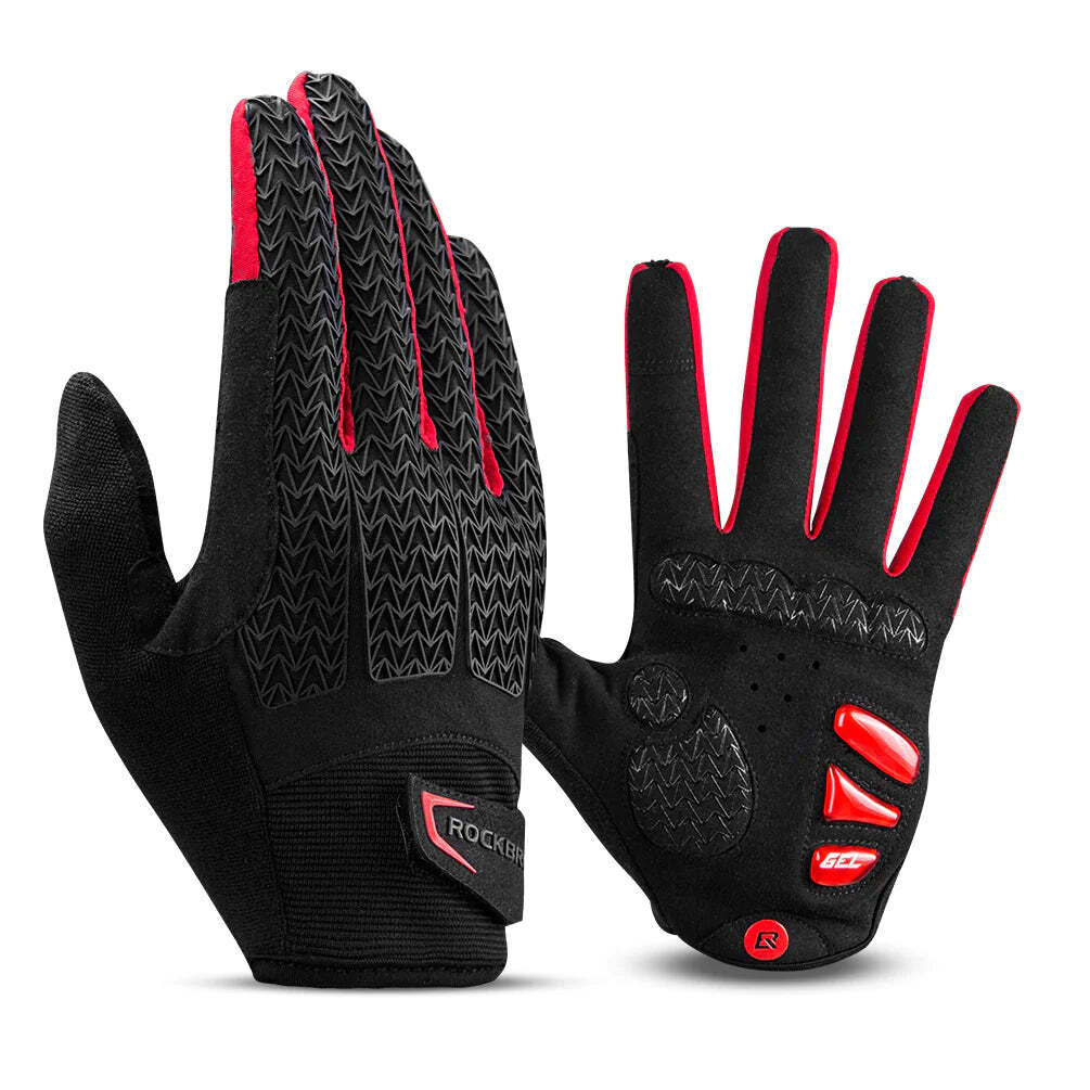 V382-UNIREDGLOVERBM-73066-00 Full Finger MTB Gloves Medium Sizefor Mountain Road Bike Breathable Red Rockbros Unisex Device Friendly Finger Material Anti Slip - Image 1