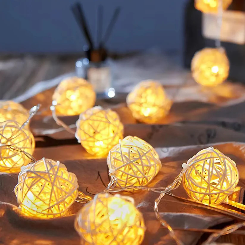 V382-YELLOWRATTBALLBATT20-202504040945-00 1 Set of Yellow 5cm Rattan Cane 20 Ball Battery Power 3m String Lights Christmas Gift Home Wedding Party Bedroom Decoration Table Centrepiece - Image 1