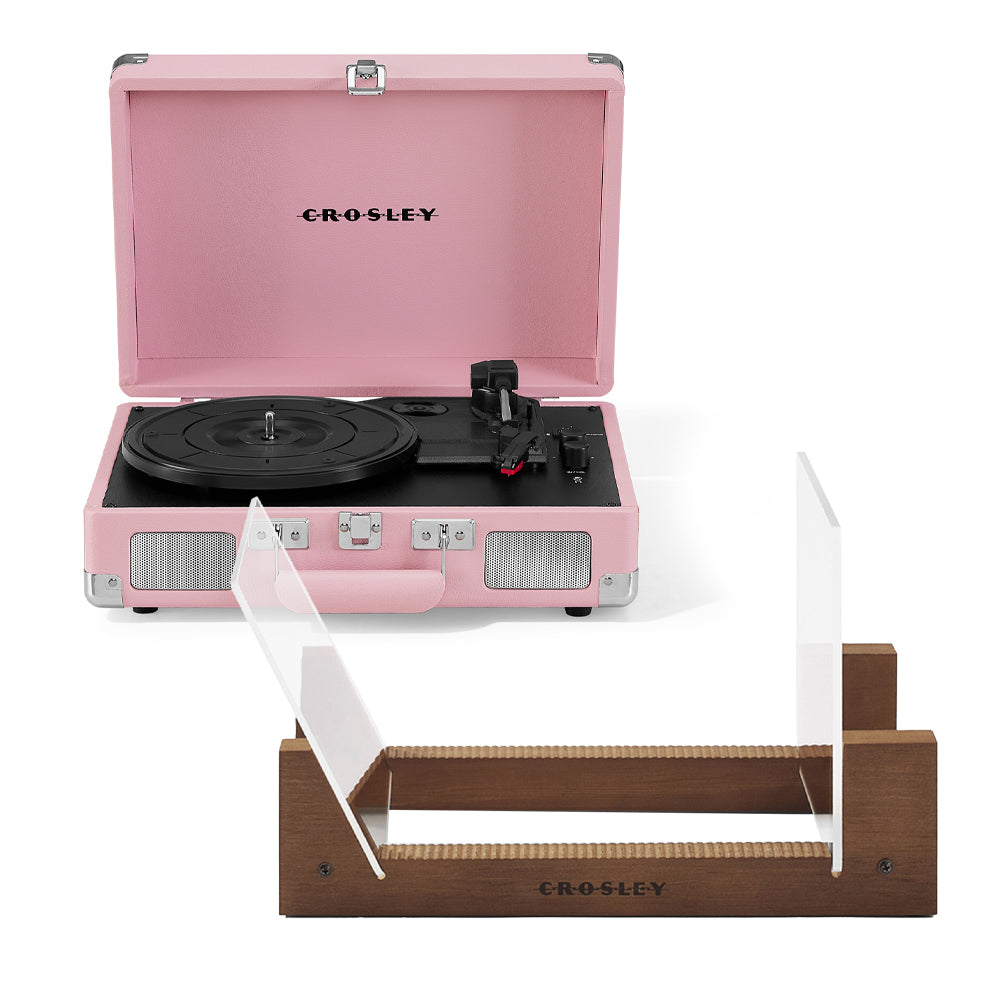 V398-CR8005ESS-BH4-202506051206-00 Crosley Cruiser Bluetooth Portable Turntable - Blush Pink + Bundled Crosley Record Storage Display Stand - Image 1