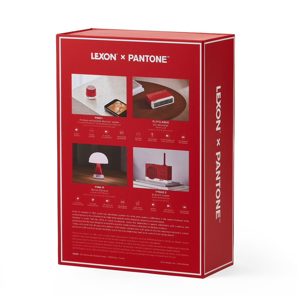 V398-LD-LBPT01-R-202506051212-00 Lexon GIFT Set PANTONE - Includes Mino+ Mini Speaker, Flip Classic Clock, Mina M Lamp, Thykho 3 Speaker - 2035 Red - Image 1