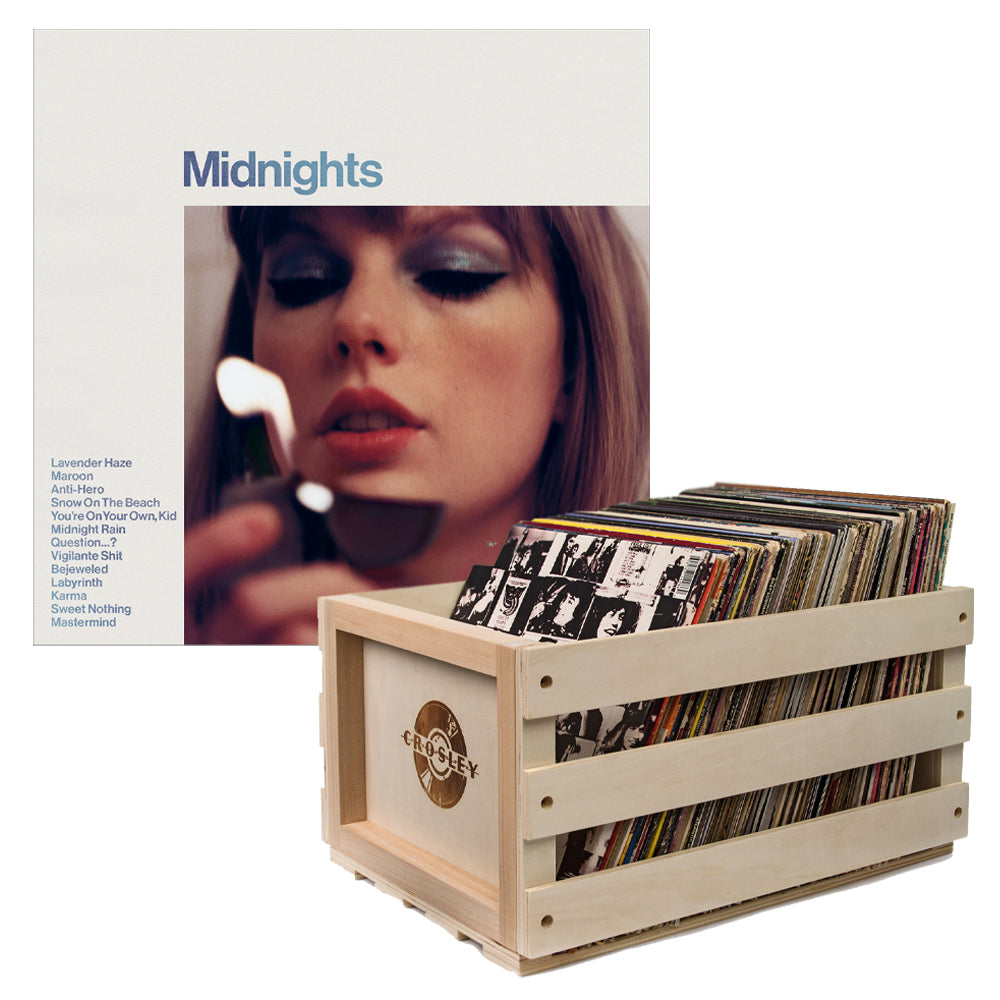 V398-UM-2445789825-B-202503281935-00 Crosley Record Storage Crate & Taylor Swift Midnights Vinyl Album Bundle Moonstone Blue - Image 1