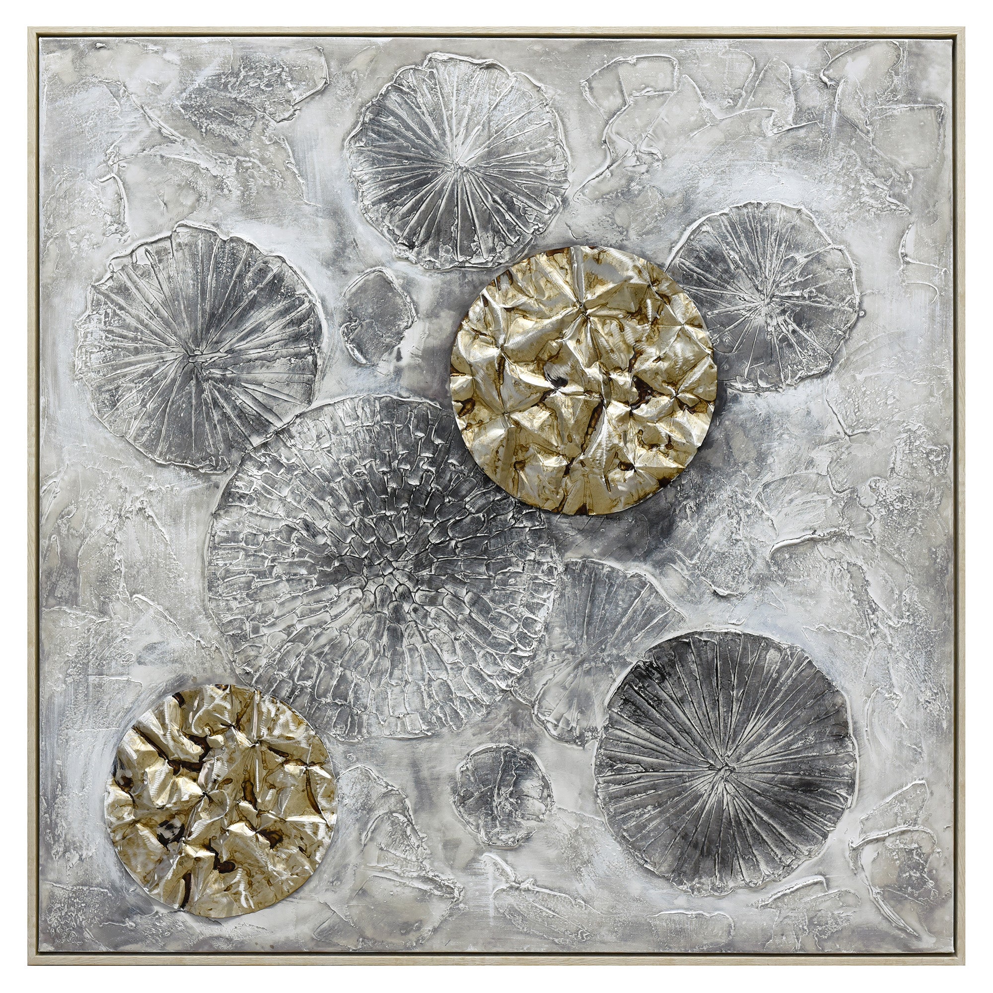 V411-SOK-HMTWF-HSH-7-90172-00 100X100cm Golden Orbs Amidst Ethereal Mists Light Wood Framed Hand Painted Canvas Wall Art - Image 1