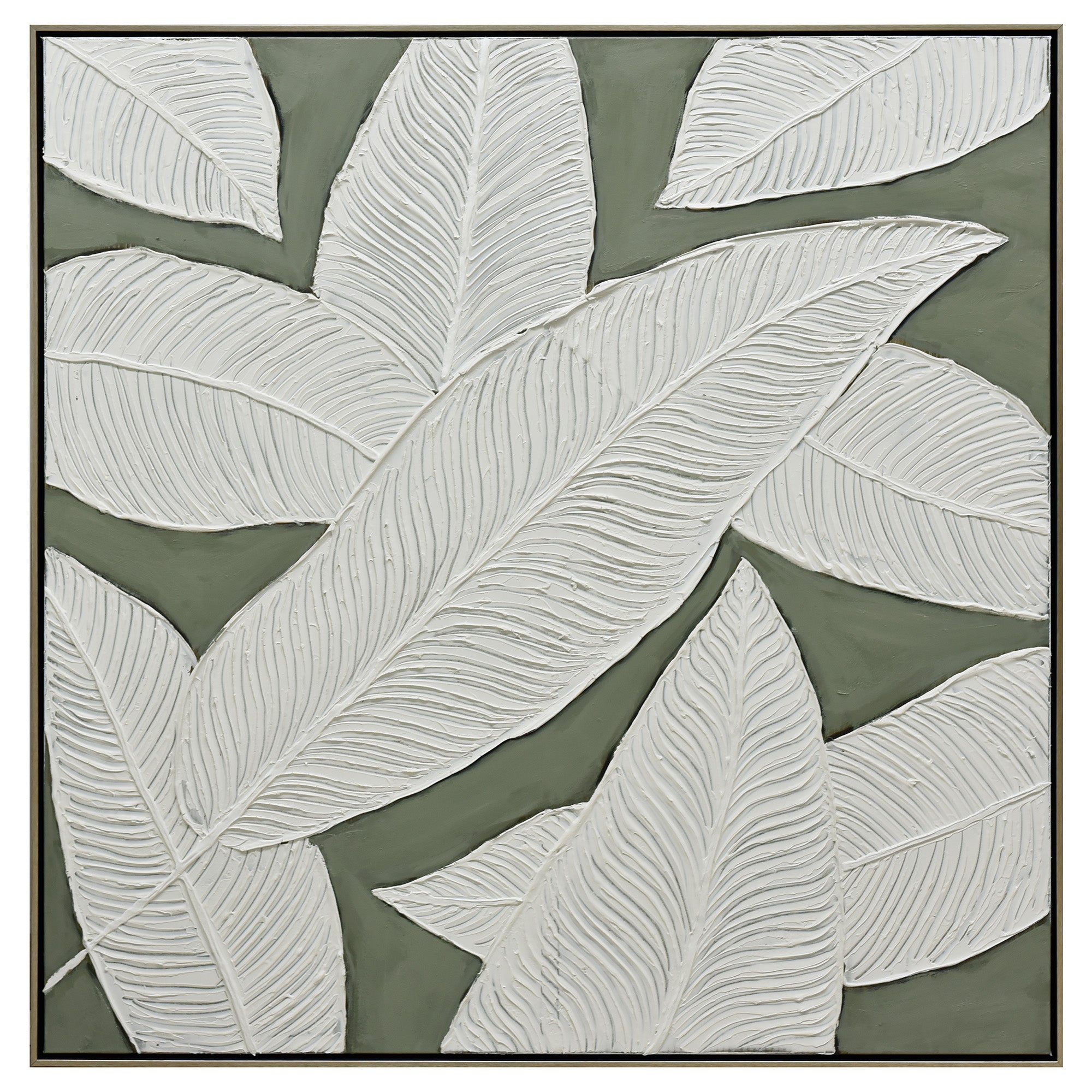 V411-SOK-HMTWF-HSH-9-90171-00 100X100cm Emerald Oasis: Leaves of Serenity Champagne Framed Hand Painted Canvas Wall Art - Image 1