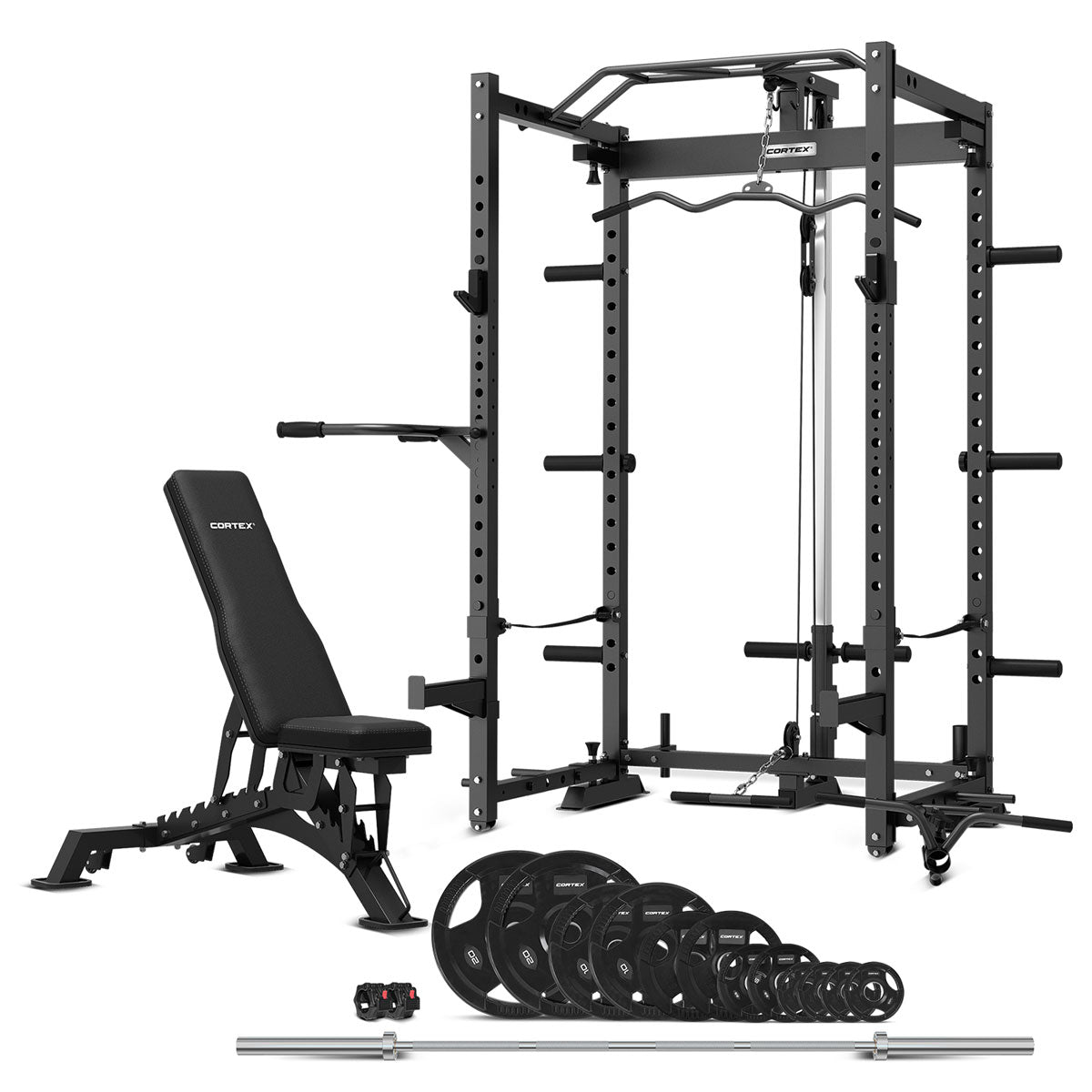 V420-CSPR-PR4-B-202502251020-00 CORTEX PR4 Folding Power Rack with 100kg Olympic Tri-Grip Weight, Bar and Bench Set - Image 1