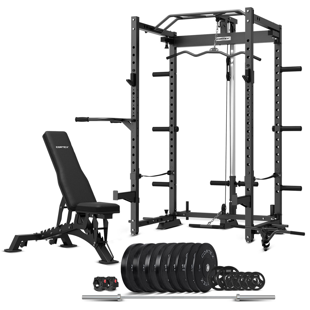 V420-CSPR-PR4-C-214089-00 CORTEX PR4 Folding Power Rack with 130kg Olympic Bumper Weight, Bar and Bench Set - Image 1