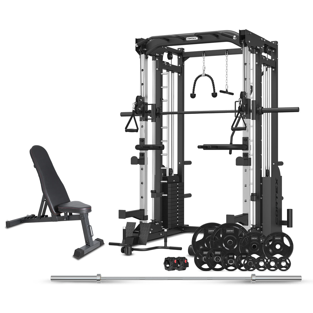 V420-CSST-SM25-A-94940-00 CORTEX SM-25 6-in-1 Power Rack with Smith & Cable Machine + BN6 Bench + 100kg Olympic Weight Plate & Barbell Package - Image 1