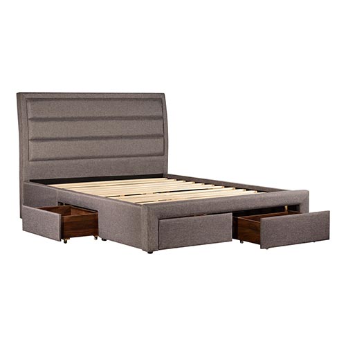 V43-BDS-MEG-4Pc-TBY-Q-10_9 4 Pieces Storage Bedroom Suite Upholstery Fabric in Light Grey with Base Drawers Queen Size Oak Colour Bed, Bedside Table & Tallboy - Image 1