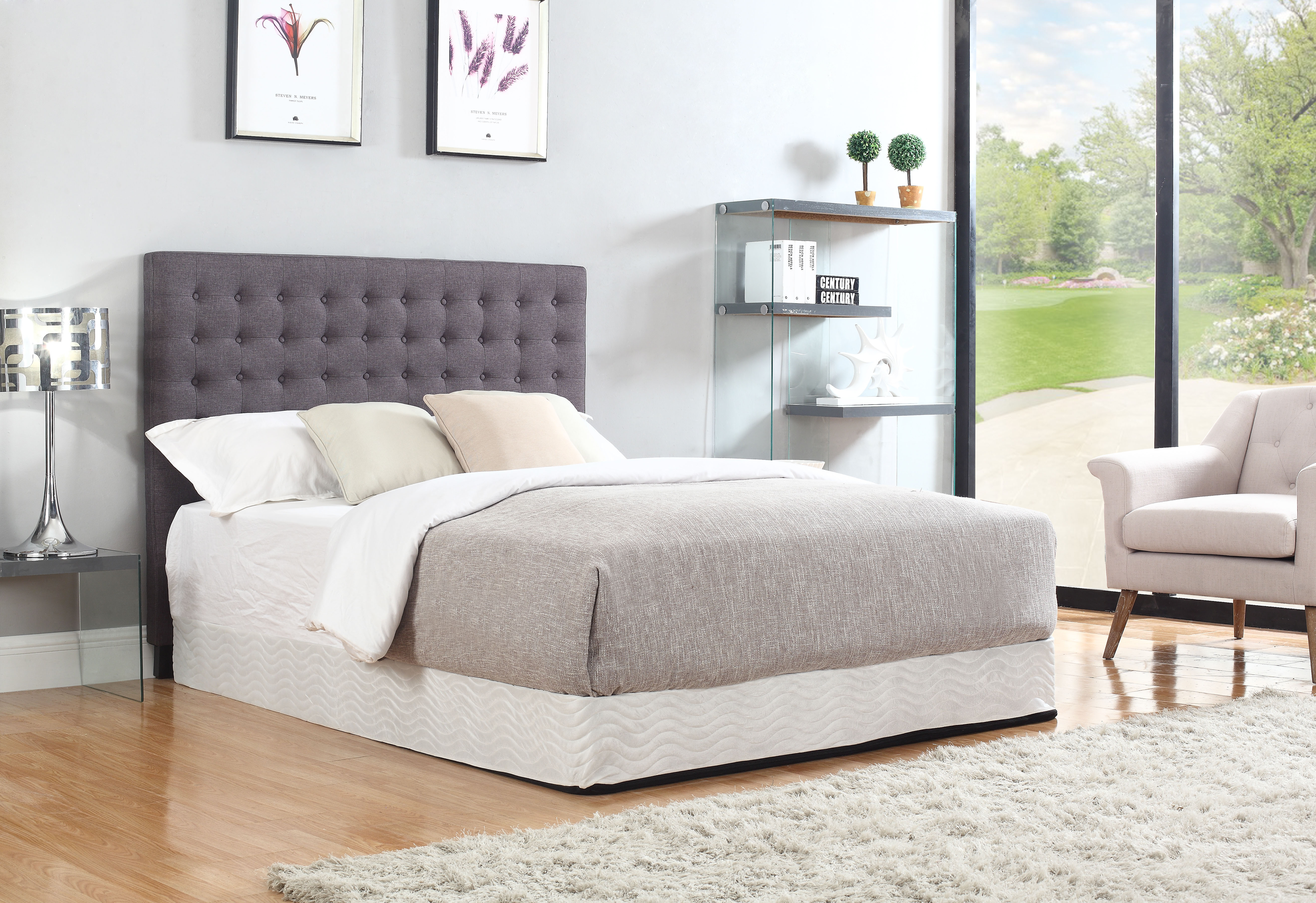 V43-BED-CILNDCH-9655-00 Bed Head Double Charcoal Headboard Upholstery Fabric Tufted Buttons - Image 1