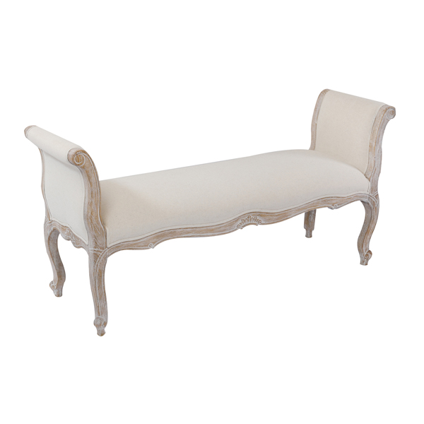 V43-BNC-LILE_BNC-LILE-01_1 Oak Wood Linen Fabric Beige White Washed Finish Bench Chair - Image 1