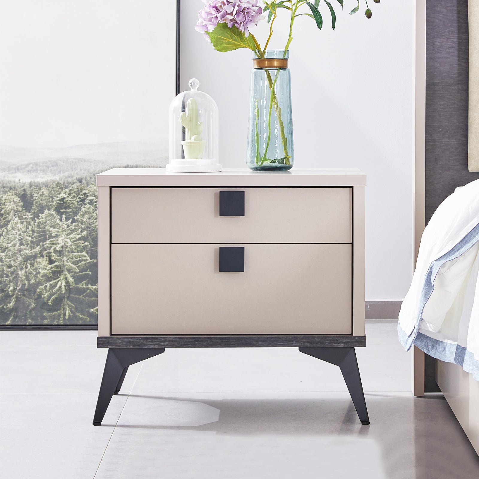 V43-BST-MAXL-202505131845-00 Bedside Table with 2 Storage Drawers MDF Combination of Champagne and Black Colour Nightstand - Image 1