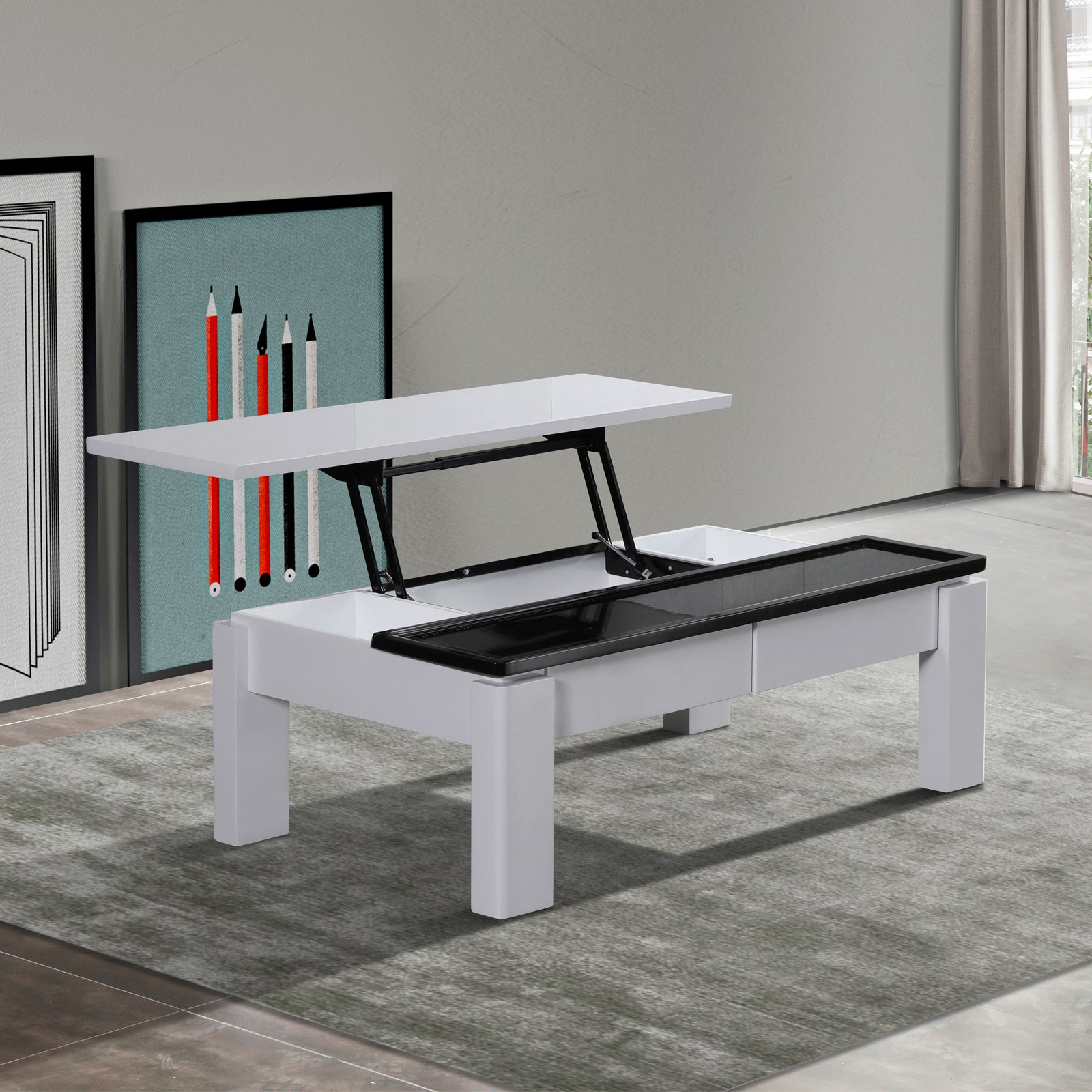 V43-CT-GND-BW-202505131810-00 Coffee Table High Gloss Finish Lift Up Top MDF Black & White Colour Interior Storage - Image 1