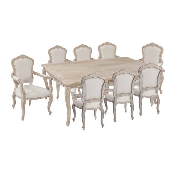 V43-DS-LILE-ARM-7PC_DS-LILE-ARM-9Pc-01_1 Medium Size Oak Wood White Washed Finish Arm Chair Dining Set - Image 1