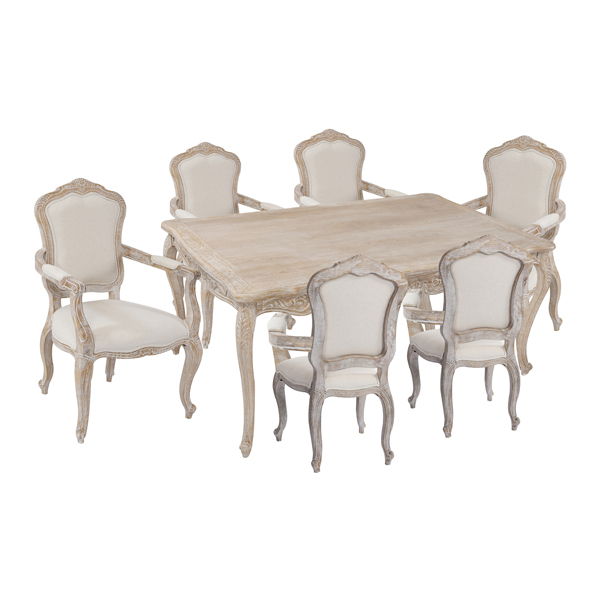 V43-DS-LILE-ARM-9PC_DS-LILE-ARM-7Pc-01_1 Large Size Oak Wood White Washed Finish Arm Chair Dining Set - Image 1