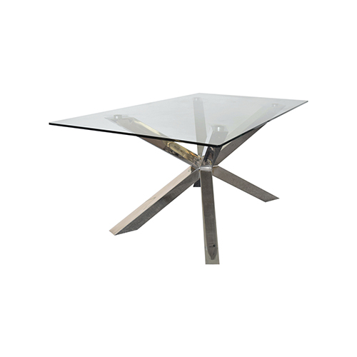 V43-DT-JAS-SIL-03_1_16 Dining Table in Crisscross Shaped High Glossy Stainless Steel Base with 12mm Tempered Glass Top - Image 1